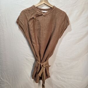 100% Linen Lauren Vidal Size M Asymmetrical Button Neck Detail Tie Waist